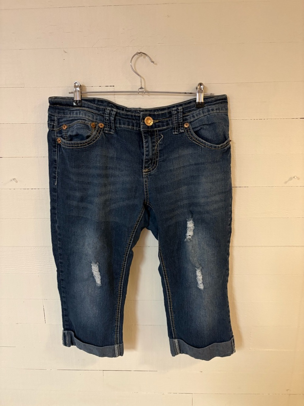 Ariya Jeans Distressed Denim Capri Cuffed Stretch Size 13/14